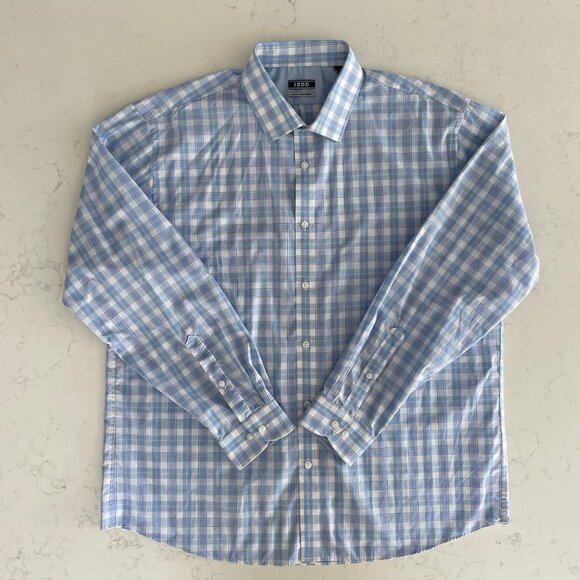 Izod Slim Fit LS Button Down Cotton Poly Plaid Dress Shirt Blue & Wht Sz 17.5 - Picture 13 of 13